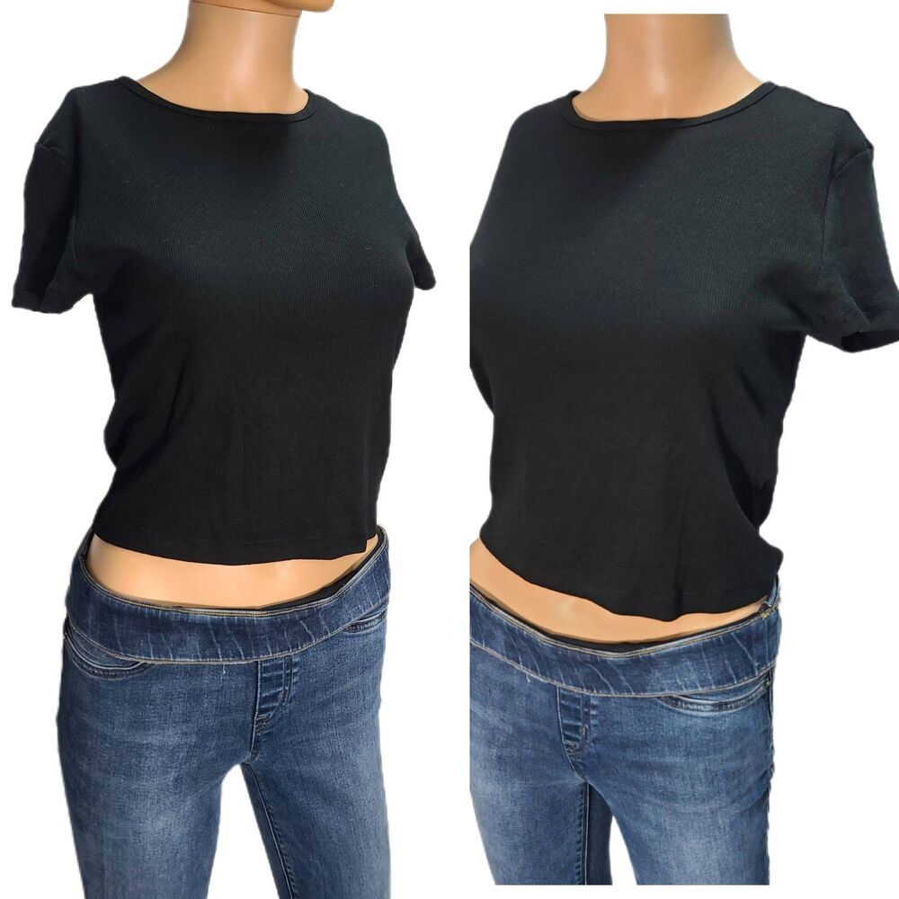 Divided H&M size large black ribbed t shirt stretch short sleeve Excellent cond